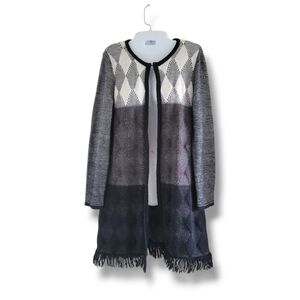 Roz & Ali | Cute Monochrome Argyle Long Sleeve Fringed Knit Duster Cardigan